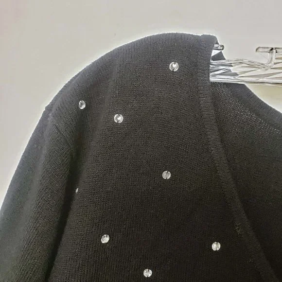 Designer Originals Women's Black Knit Scoop Neck Faux Diamond Top Sweater - Picture 3 of 11